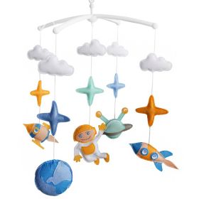 Blue Orange Universe Baby Crib Bell Handmade Musical Mobile Baby Shower Gift Nursery Decor for Boys