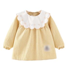 Yellow Grid Baby Eating Smock Long Sleeve Inner Waterproof Baby Bibs Girls Painting Smock Apron