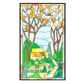 Village European Style Decorative Privacy Window Film Stained Static Window Decal No Glue Church Window Films,15x47 inch