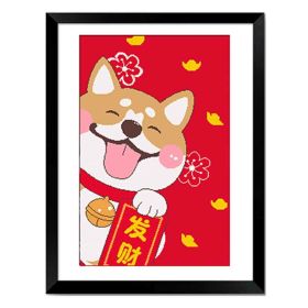 Red Cute Fortune Dog Stamped Cross Stitch Kit Embroidery Kits Kids Room Decor, 11x17 inch