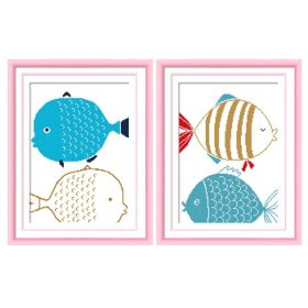 Cute Blue Fish Set DIY Cross Stitch Pre-Printed Embroidery Kits Kids Decor, 10x14 inch