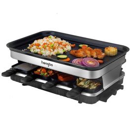 Raclette Grill 8 People Grill Plate Non-stick Coated, Raclette with 8 Mini Raclette Pans, Infinitely Adjustable Temperature, 1500W