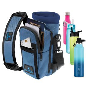 Blue Water Bottle Holder Carrier Bottle Cooler w Adjustable Shoulder Strap and Front Pockets Suitable for 16 oz to 25oz Bottles Carry Protect Insulate