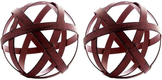 Decorative Sphere Set of 2 Pcs Distressed Red Metal Bands Sculpture Modern Home Decor Accents Tabletop Decorations for Living Room Kitchen Bedroom Cen