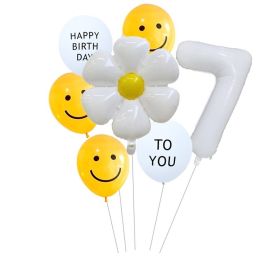 7pcs White Number Balloons Daisy Birthday Smile Face Latex Balloons Wedding Decoration Kids Birthday Party Supply (NUMBER SET: 7)