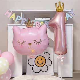 2pcs Cute Pink Number Cat Head Balloons Baby Shower Globos Kids Toy (Color: pink cat&crown 1)