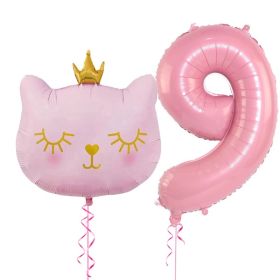 2pcs Cute Pink Number Cat Head Balloons Baby Shower Globos Kids Toy (Color: pink cat&32inch 9)