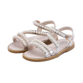 Girls Sandals Pearl Sweet Soft Children's Beach Shoes Kids Summer Floral Sandals Princess Fashion Cute Baby Girl Shoes (Size: 32-insole 20cm, Color: Silvery)