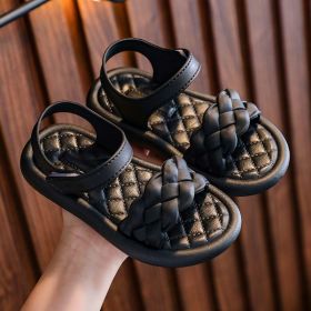 Baby Girls Sandals Solid Color Princess Children Shoes Girls Student Sandals Open Toe Non-slip Summer Beach Kids Shoes (Size: 24-insole 15cm, Color: BLACK)