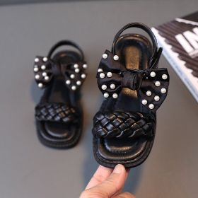 Girls Sandals Summer Fashion Pearl Kids Beach Shoes Girl Princess Bowknot Children Flats Baby Shoes Chaussure Enfant Fille (Size: 26-insole 16cm, Color: BLACK)