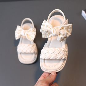 Girls Sandals Summer Fashion Pearl Kids Beach Shoes Girl Princess Bowknot Children Flats Baby Shoes Chaussure Enfant Fille (Size: 28-insole 17.3cm, Color: White)