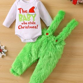 Adorable Baby Christmas Outfit - Funny Graphic Crew Neck Long Sleeve Romper + Green Fuzzy Suspender Pants Clothes Set (Size: 12-18M, Color: Grass green)