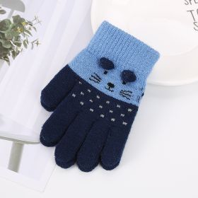 Girls Cute Cartoon Cat Gloves Winter Thick Knit Boys Kids Newborn Mittens Children Keep Finger Warm Gloves For Baby 3-7Years Old (Color: Dark blue)