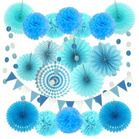 20Pcs Paper Fans Decor Hanging Paper Hanging Paper Fans Pompom Flower Garland Wedding Birthday Party Halloween Baby Shower Decor (Ships From: China, Color: blue)