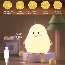 LED Pear Fruit Night Light Cute Rechargeable Dimming Touch Silicone 7 Color Table Lamp Bedroom Bedside Decor Gift Kid Boby Light (Emitting Color: Upgrade pear, Ships From: China)