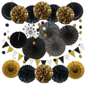 20Pcs Paper Fans Decor Hanging Paper Hanging Paper Fans Pompom Flower Garland Wedding Birthday Party Halloween Baby Shower Decor (Ships From: China, Color: BLACK)