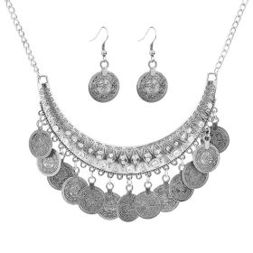 Gypsy Costume Jewelry, Retro Boho Coins Necklace Earrings Set (Color: Silver)