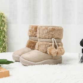 Classic Toddler Snow Boots Kids Cute POMPON Flock Winter Boots for Girls High Top Comfortable Warm Baby Girl Cotton Shoes C06272 (Size: 13, Color: Beige)