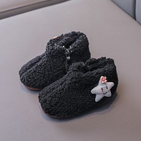 Baby Girls Short Boots Black White Khaki Children's Hairy Shoes Winter Furry Velvet Toddler Girl Cotton Boots with Star E10301 (Size: 24, Color: BLACK)