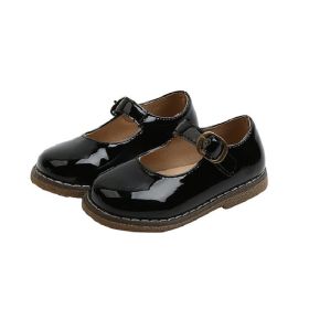 Spring Autumn Kids Girls Brief Bright PU Leather Shoes Princess Baby Shoes (Size: 23(insole 14.3cm), Color: BLACK)