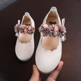 Spring Autumn Kids Girls Flower Leather Shoes Baby Princess Shoes (Size: 23(insole 14cm), Color: Beige)