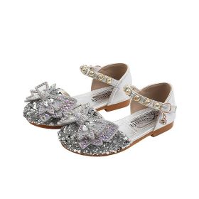 Glitter Girls Sandals Baby Children Princess Bowknot Pearl Leather Shoes For Kids (Size: 30(insole 18.5cm), Color: Silver)