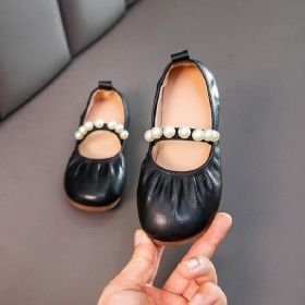 Spring Children Girls Flat Pearl PU Leather Shoes Kids Baby Princess Shoes (Size: 31(insole 19cm), Color: BLACK)