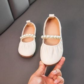 Spring Children Girls Flat Pearl PU Leather Shoes Kids Baby Princess Shoes (Size: 26(insole 16cm), Color: Beige)