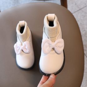 New Little Girl Boots Nice Knitted Shallow Slip On Fur Boots for Kids Princess Glitter Butterfly-knot Platform Boots Baby E07242 (Size: 30, Color: Beige)