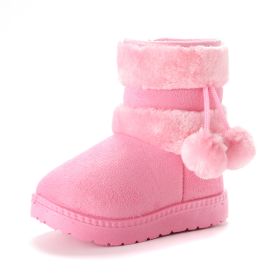 New Winter Furry Shoes Girls with Cute Hairball Baby Kids High Top Snow Boots Anti-proof Warmer School Children Fur Boots E08014 (Size: 23, Color: pink)