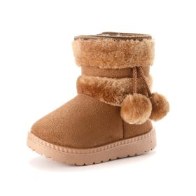 New Winter Furry Shoes Girls with Cute Hairball Baby Kids High Top Snow Boots Anti-proof Warmer School Children Fur Boots E08014 (Size: 21, Color: Khaki)