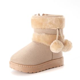 New Winter Furry Shoes Girls with Cute Hairball Baby Kids High Top Snow Boots Anti-proof Warmer School Children Fur Boots E08014 (Size: 35, Color: Beige)