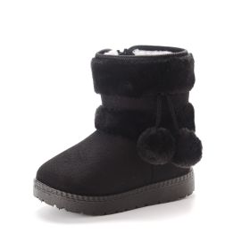 New Winter Furry Shoes Girls with Cute Hairball Baby Kids High Top Snow Boots Anti-proof Warmer School Children Fur Boots E08014 (Size: 32, Color: BLACK)