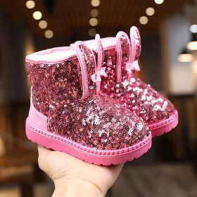 Winter Fashion Children Shoes Girls Boots with Glitter Princess Cute Rabbit Baby Toddler Snow Boots New Kids Short Boots E09133 (Size: 23, Color: pink)