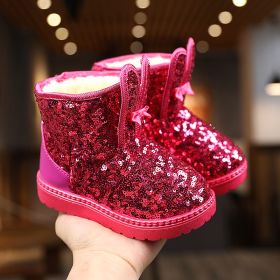 Winter Fashion Children Shoes Girls Boots with Glitter Princess Cute Rabbit Baby Toddler Snow Boots New Kids Short Boots E09133 (Size: 35, Color: Red)