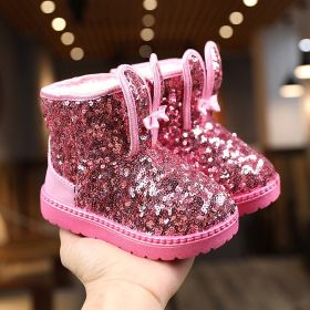 Winter Fashion Children Shoes Girls Boots with Glitter Princess Cute Rabbit Baby Toddler Snow Boots New Kids Short Boots E09133 (Size: 21, Color: pink)