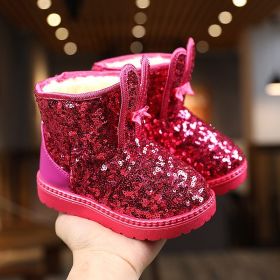 Winter Fashion Children Shoes Girls Boots with Glitter Princess Cute Rabbit Baby Toddler Snow Boots New Kids Short Boots E09133 (Size: 21, Color: Red)