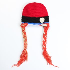 Girl's Hand Braid Hat Hand Hook Patchwork Color Wool Hat (Color: RED AND BLACK)