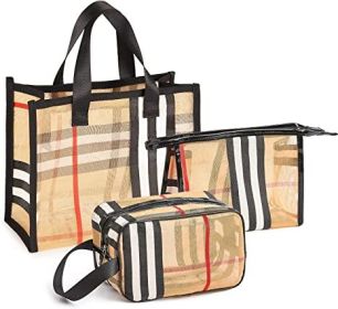 3 Pack Makeup Bag;  Travel Cosmetic Bag with Zipper Handle Waterproof Striped Transparent Toiletry Bag Portable Organizer Cases Set for Women and Girl (Style: Style A)