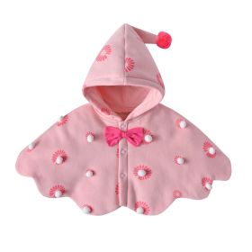 Kids Floral Graphic Button Front Design Bow Tie Decoration Warm Shawls With Hat (Color: pink, Size/Age: 120 (5-7Y))