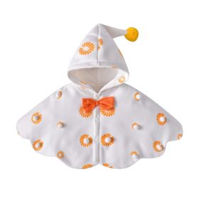 Kids Floral Graphic Button Front Design Bow Tie Decoration Warm Shawls With Hat (Color: White, Size/Age: 110 (3-5Y))