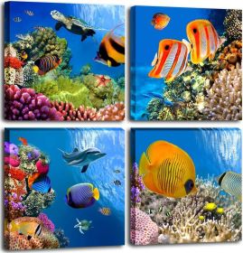 Bathroom Canvas Wall Art Sea Turtle Wall Decor for Living Room Colorful Fish Coral Dolphin Ocean Theme Underwater World Pictures for Bedroom Navy Seas (Size: 12inchx12inchx4pcs, Color: blue)