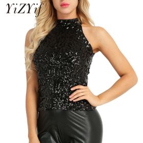 Sequins Women Vest Tops Fashion Shimmer Flashy Embellished Halter Neck Sleeveless Tank Tops for Night Clubwear Stage Performance (Size: One Size, Color: Type A - Black)