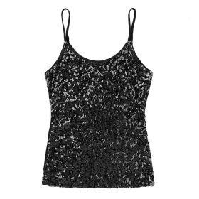 Sequins Women Vest Tops Fashion Shimmer Flashy Embellished Halter Neck Sleeveless Tank Tops for Night Clubwear Stage Performance (Size: One Size, Color: Type B - Black)