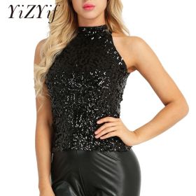 Sequins Women Vest Tops Fashion Shimmer Flashy Embellished Halter Neck Sleeveless Tank Tops for Night Clubwear Stage Performance (Size: One Size, Color: Type B - Red)