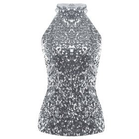 Sequins Women Vest Tops Fashion Shimmer Flashy Embellished Halter Neck Sleeveless Tank Tops for Night Clubwear Stage Performance (Size: One Size, Color: Type A - Silver)