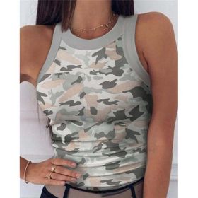 2023 Summer Women Print Top Fashion Women Casual Army Camo Camouflage (Size: M, Color: Grey)