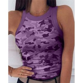 2023 Summer Women Print Top Fashion Women Casual Army Camo Camouflage Tank Sleeveless O-neck Slim Vest T-Shirts (Size: L, Color: purple)