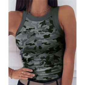 2023 Summer Women Print Top Fashion Women Casual Army Camo Camouflage Tank Sleeveless O-neck Slim Vest T-Shirts (Size: XL, Color: green)