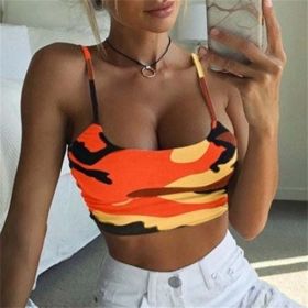 2023 Summer Women Print Top Fashion Women Casual Army Camo Camouflage Tank Sleeveless O-neck Slim Vest T-Shirts (Size: XXL, Color: Orange 02)